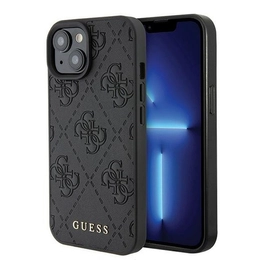 Guess Leather 4G Stamped Apple iPhone 15 hátlap tok, fekete