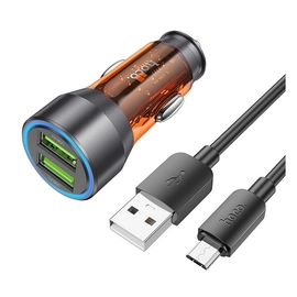 Hoco NZ12 autós töltő 2 x USB QC 18W +  Micro USB kábel, átlátszó / narancssárga
