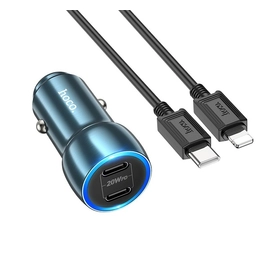 Hoco Z48 autós töltő 2x Type-C + Type-C - Apple iPhone Lightning kábel, ( 8-pin ) PD, 40W, zafír kék
