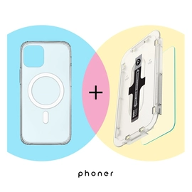 Phoner Mag Pack Apple iPhone 13 Magsafe tok, átlátszó + Master Clear Felhelyező keretes Tempered fólia