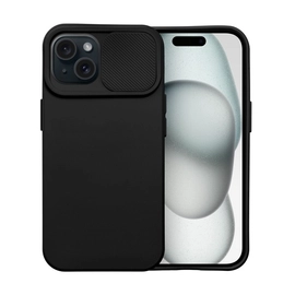 Slide Apple iPhone 15 kameravédős szilikon tok, fekete