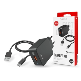 HAMA hálózati töltő adapter USB bemenettel + USB - Type-C kábel - 19.5W - HAMA  Charger Kit with USB-C QC3.0 - fekete