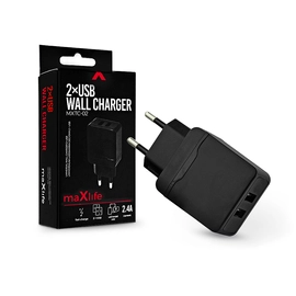 Maxlife 2xUSB hálózati töltő adapter - Maxlife MXTC-02 2xUSB Wall Fast Charger -5V/2,4A - fekete