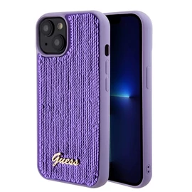 Guess Sequin Script Logo tok iPhone 15 Plus készülékhez lila