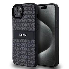 DKNY PU Leather Repeat Pattern Tonal Stripe tok iPhone 15 Plus készülékhez fekete