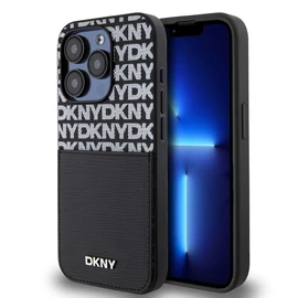 DKNY PU Leather Repeat Pattern kártya zsebes tok iPhone 15 Pro készülékhez fekete