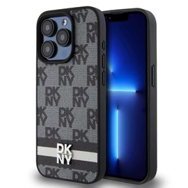 DKNY PU Leather Checkered Pattern and Stripe tok iPhone 14 Pro Max készülékhez fekete