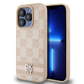 DKNY PU bőr Checkered Pattern and Stripe tok iPhone 15 Pro készülékhez rózsaszín