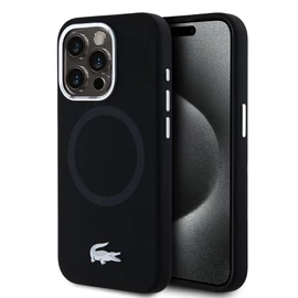 Lacoste Liquid Silicone Microfiber Silver Croc Logo MagSafe tok iPhone 15 Pro készülékhez fekete