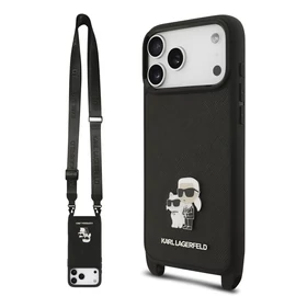 Karl Lagerfeld Saffiano vállpántos fém Karl and Choupette tok iPhone 17 Pro Max készülékhez fekete