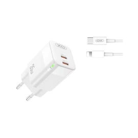 XO CE08 Fehér Hálózati Töltő szett PD35W 2*USB-C + USB-C/USB-C kábel a dobozban