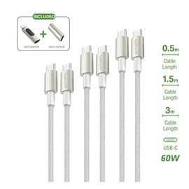 4smarts PremiumCord USB Type-C töltő- és adatkábel szett adapterrel, átalakítóval, 60W, fehér / ezüst
