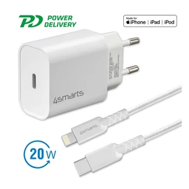4smarts hálózati gyorstöltő adapter Type-C QC 3.0 + 1.5m Lightning kábel, 20W, fehér