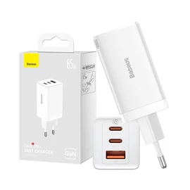 Baseus GaN5 Pro hálózati töltő 2xType-C + USB, Type-C-Type-C kábellel, 65W, fehér