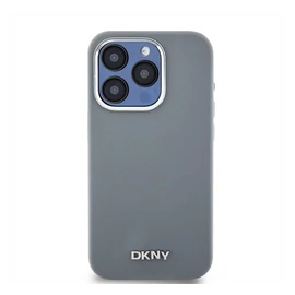 DKNY Liquid Silicone Silver Metal Logo Magsafe iPhone 15 Pro hátlap tok, szürke