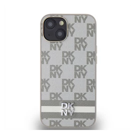 DKNY PU Leather Checkered Pattern and Stripe Apple iPhone 14 hátlap tok, bézs