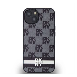 DKNY PU Leather Checkered Pattern and Stripe Apple iPhone 14 hátlap tok, fekete