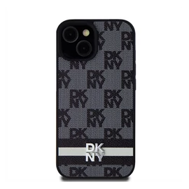 DKNY PU Leather Checkered Pattern and Stripe Apple iPhone 15 hátlap tok, fekete