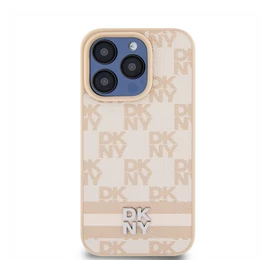 DKNY PU Leather Checkered Pattern and Stripe iPhone 14 Pro hátlap tok, rózsaszín