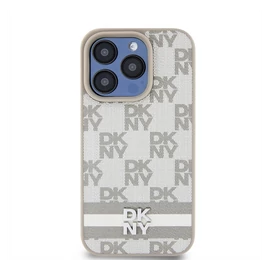 DKNY PU Leather Checkered Pattern and Stripe iPhone 15 Pro Max hátlap tok, bézs