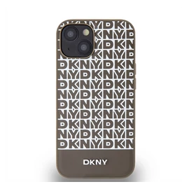 DKNY PU Leather Repeat Pattern Bottom Stripe Apple iPhone 15 Magsafe kompatibilis hátlap tok, barna