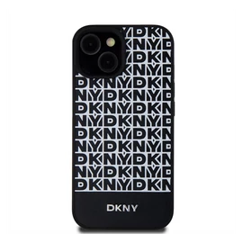 DKNY PU Leather Repeat Pattern Bottom Stripe Apple iPhone 15 Magsafe kompatibilis hátlap tok, fekete