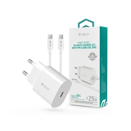 Devia Smart Series 25W PD hálózati gyorstöltő adapter Type-C +Type-C/Type-C adatkábel - fehér