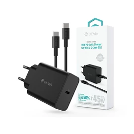 Devia Rocket Series 45W PD+QC hálózati gyorstöltő adapter + Type-C/Type-C kábel - fekete