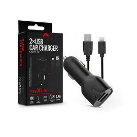 Maxlife MXCC-01 12W 2xUSB autós töltő adapter+USB/Lightning kábel 1m - fekete