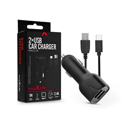 Maxlife 2xUSB szivargyújtó töltő adapter + USB - Type-C kábel 1 m-es vezetékkel - 12W - Maxlife MXCC-01 Type-C 2xUSB Car Fast Charger - fekete