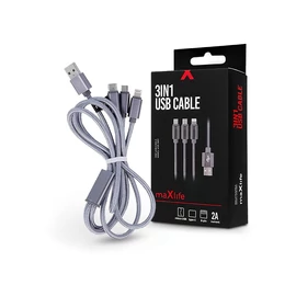 Maxlife 3 in 1 10W Lightning/microUSB/Type-C USB Cable töltő- és adatkábel 1m - ezüst