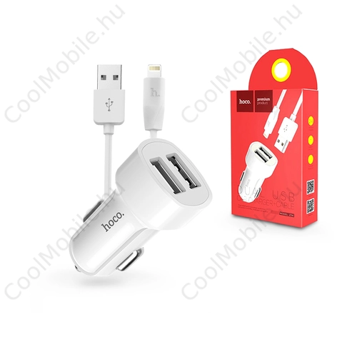Apple iPhone Lightning szivargyújtós töltő adapter + lightning adatkábel - 5V/2,4A - HOCO Z2A Dual USB Car Charger + Cable - fehér
