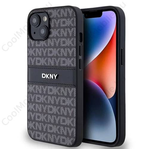 DKNY PU Leather Repeat Pattern Tonal Stripe tok iPhone 14 készülékhez fekete