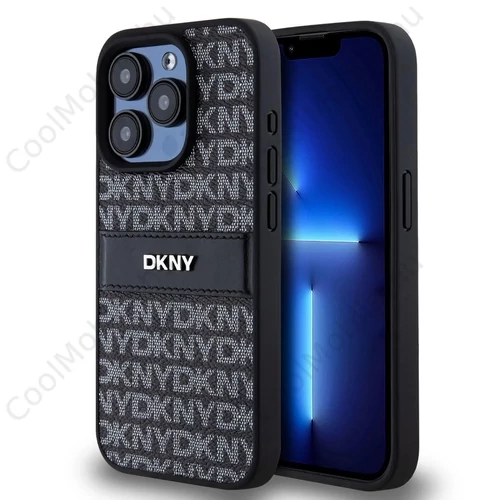 DKNY PU Leather Repeat Pattern Tonal Stripe tok iPhone 15 Pro Max készülékhez fekete