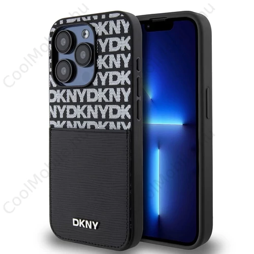 DKNY PU bőr Repeat Pattern Card Pocket tok iPhone 14 Pro készülékhez fekete
