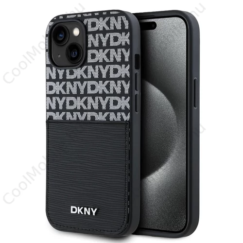 DKNY PU Leather Repeat Pattern kártyatartós tok iPhone 15 készülékhez fekete