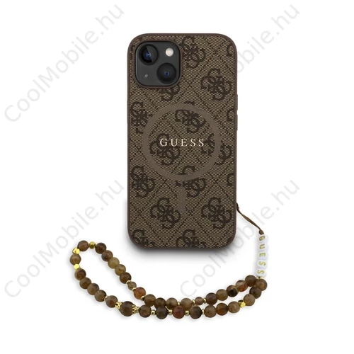 Guess PU bőr 4G színes gyűrűs pánt MagSafe tok iPhone 15 készülékhez barna