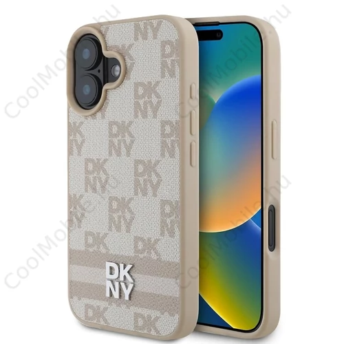 DKNY PU Leather Checkered Pattern and Stripe tok iPhone 16 készülékhez rózsaszín