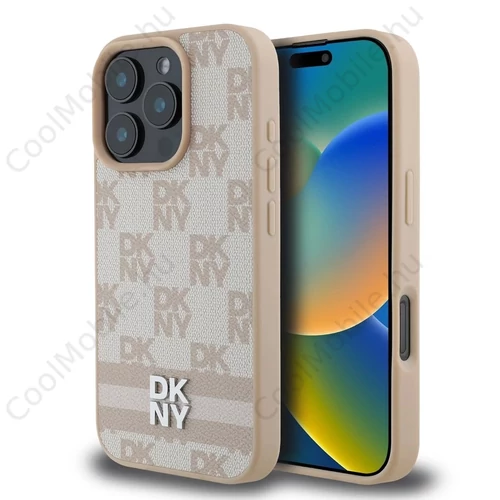 DKNY PU Leather Checkered Pattern and Stripe tok iPhone 16 Pro készülékhez rózsaszín