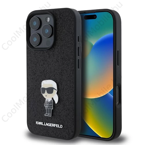 Karl Lagerfeld Fixed Glitter Metal Ikonik tok iPhone 16 Pro készülékhez fekete