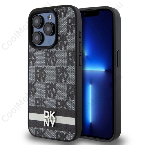 DKNY PU Leather Checkered Pattern and Stripe tok iPhone 14 Pro Max készülékhez fekete