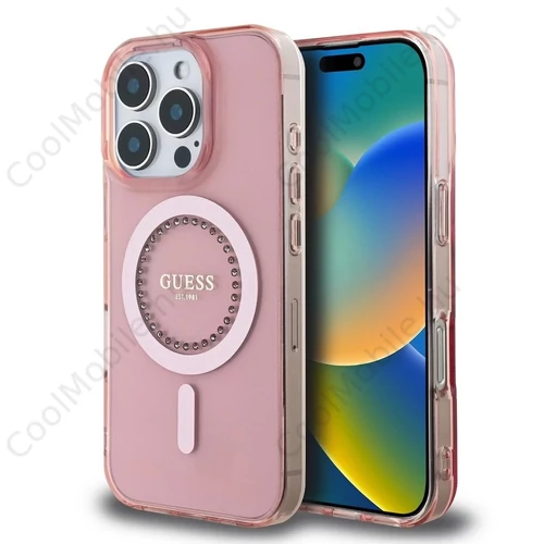 Guess IML Rhinestones Ring MagSafe tok iPhone 16 Pro készülékhez rózsaszín