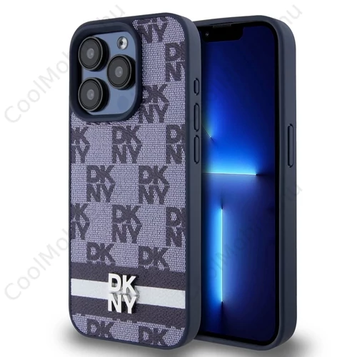 DKNY PU bőr sakktábla mintás és csíkos tok iPhone 15 Pro Max készülékhez kék