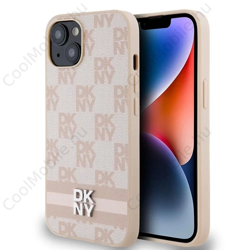 DKNY PU Leather Checkered Pattern and Stripe Tok iPhone 15 készülékhez rózsaszín