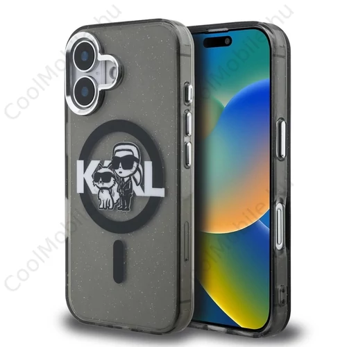 Karl Lagerfeld IML Glitter Karl and Choupette Sketch MagSafe tok iPhone 16 készülékhez fekete