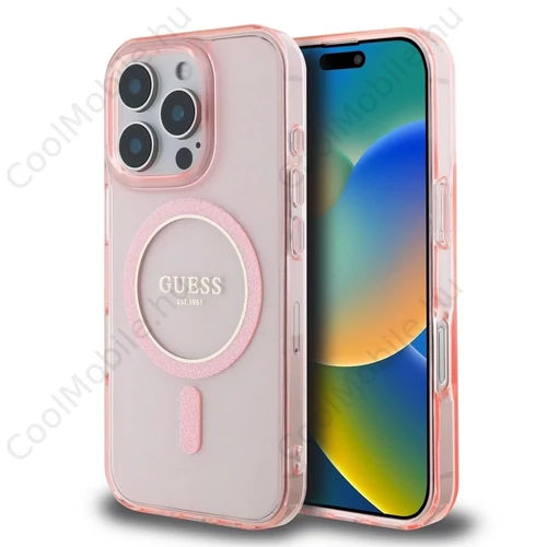 Guess IML Glitter Ring MagSafe tok iPhone 16 Pro készülékhez rózsaszín