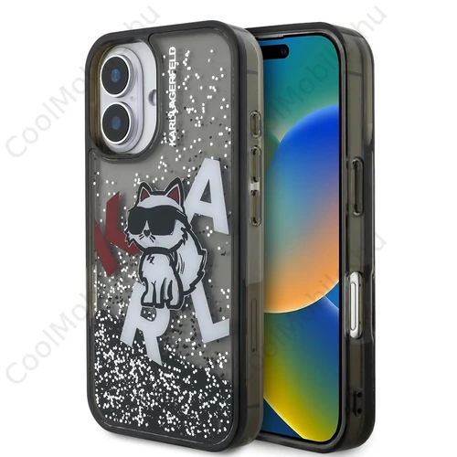 Karl Lagerfeld Liquid Glitter Scattered Choupette tok iPhone 16 készülékhez fekete