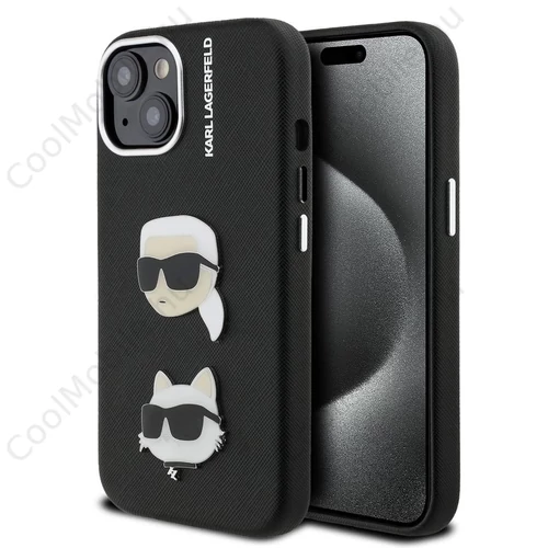 Karl Lagerfeld Grained PU K&CH Heads tok iPhone 15 készülékhez fekete