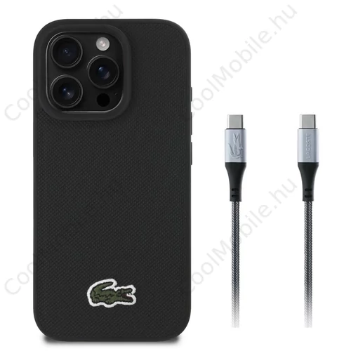 Lacoste Iconic Petit Pique Woven Logo MagSafe tok iPhone 16 Pro készülékhez fekete + USB-C/USB-C adatkábel