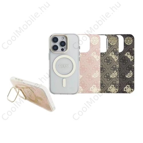 Guess PC/TPU elektrolemezelt állványos kamerakeretes MagSafe tok cserélhető háttérrel iPhone 16 Pro készülékhez